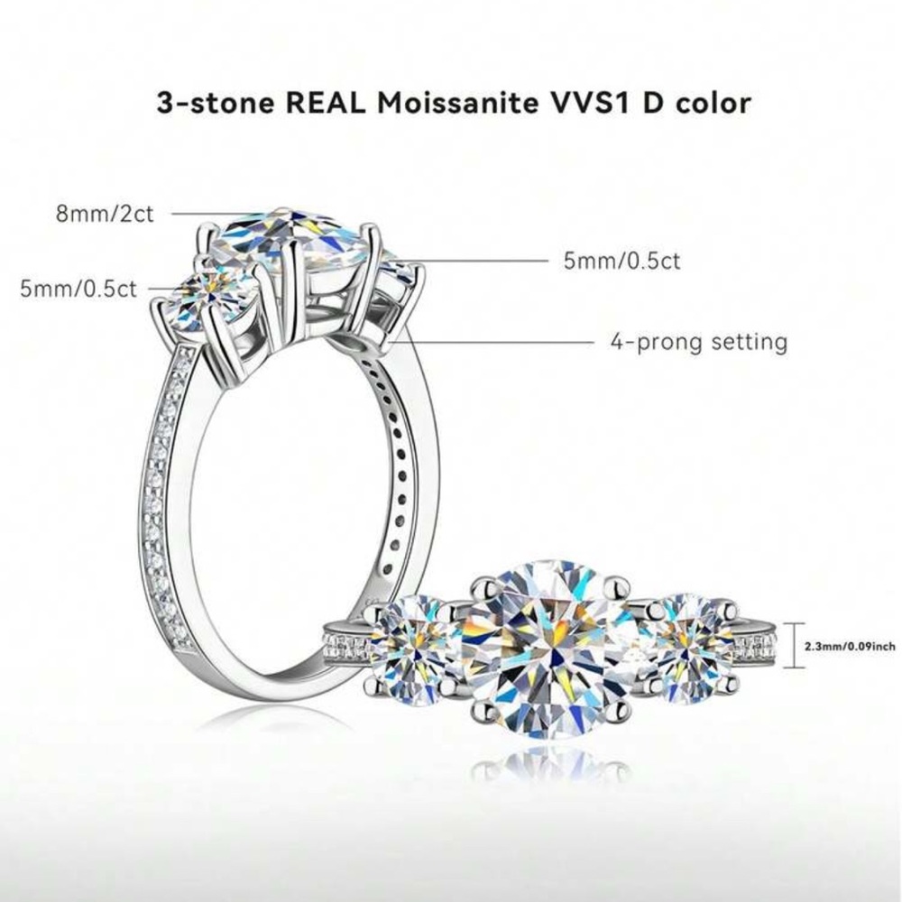 Moissanite Sterling Silver 925 Past, Present, Future Sparkling Ring (size 7.5) - Picture 4 of 7